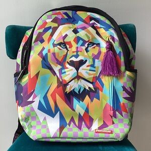 Sprayground Multicolor Lion Print Kids Backpack - Purple Tassel